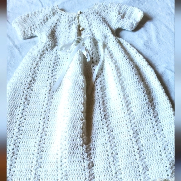 Crocheted White Christening Baby Long Gown with Buttons & Hand Edge Embroidered - Picture 1 of 7